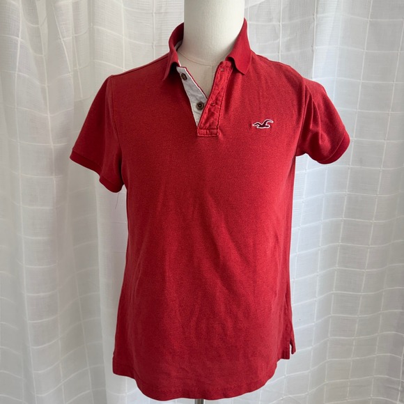 Hollister Men Red Stretch Pique Polo Shirt Short Sleeve Seagull Logo Large - Picture 2 of 7